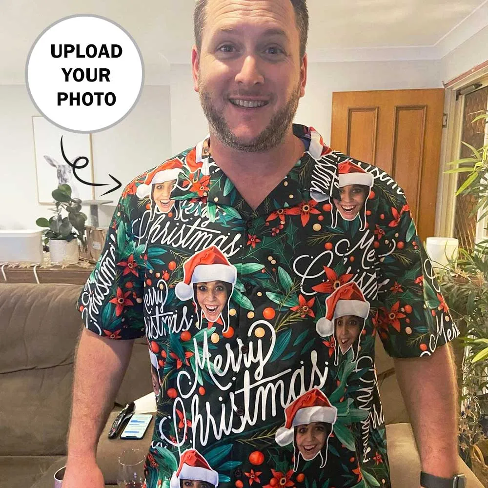 Custom Christmas Hawaiian Shirt with Face Christmas Red Personalized Photo Tropical Aloha Shirt for Husband/Boyfriend