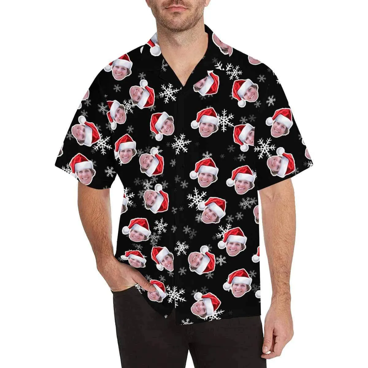 Custom Christmas Hawaiian Shirt with Face Christmas Red Personalized Photo Tropical Aloha Shirt for Husband/Boyfriend