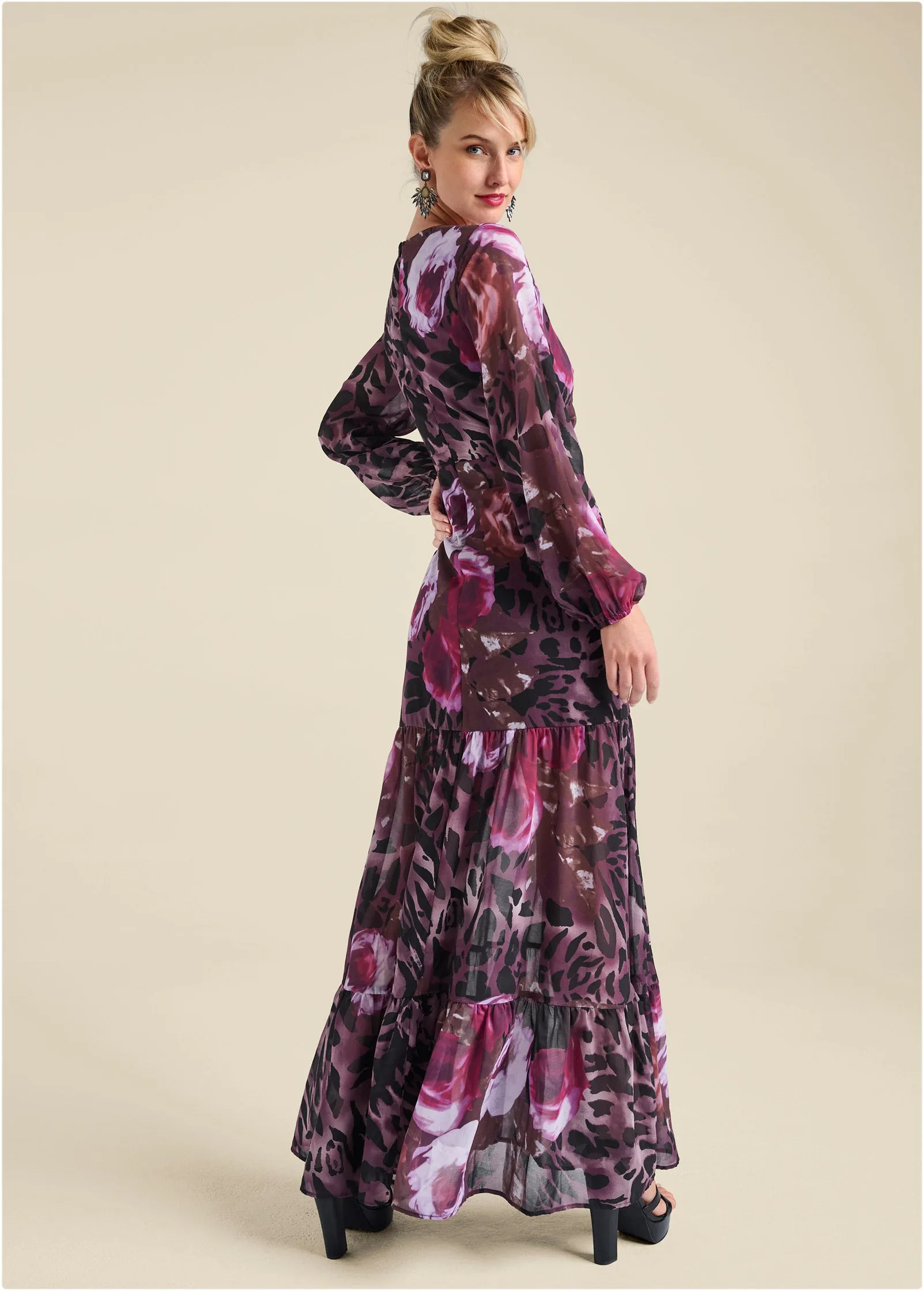 Cutout Detail Printed Gown - Black Multi