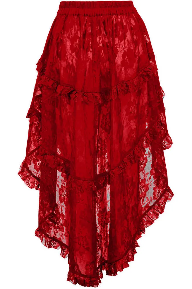 Daisy Corsets Red Lace Ruched Front High Low Lace Skirt