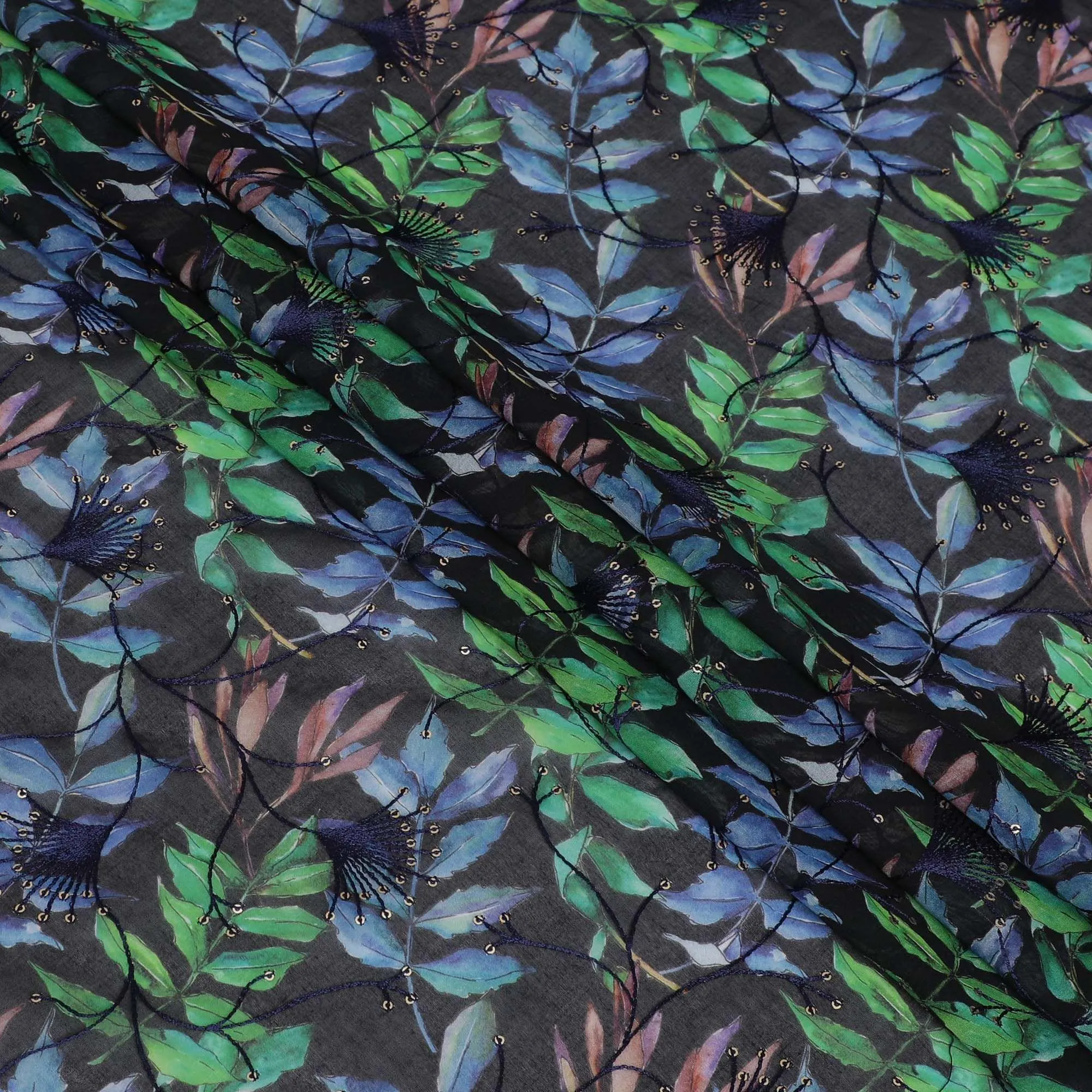 Dark navy blue Premium pure cotton voile fabric with multicolor print having same tone embroidery and sequins in floral design-D13256