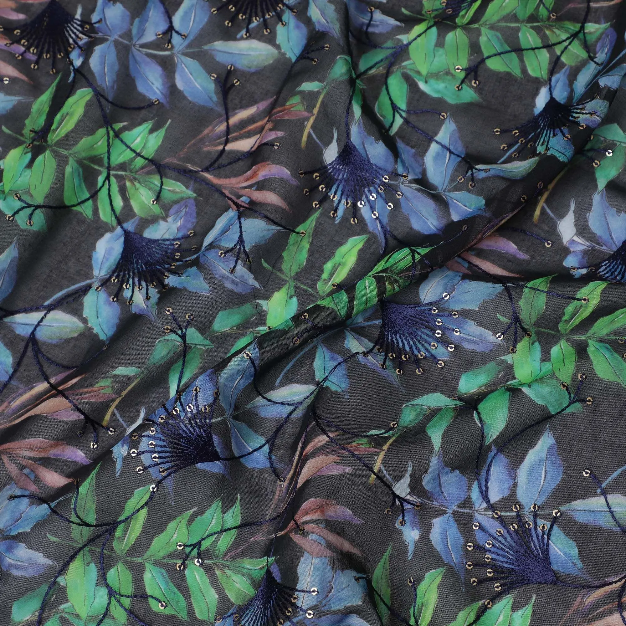 Dark navy blue Premium pure cotton voile fabric with multicolor print having same tone embroidery and sequins in floral design-D13256