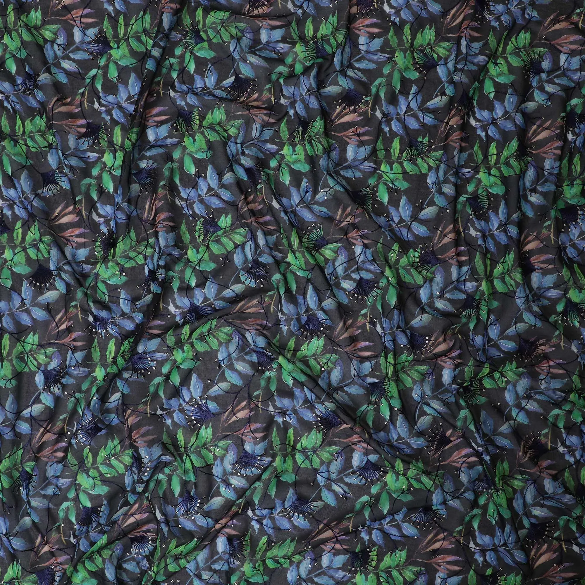 Dark navy blue Premium pure cotton voile fabric with multicolor print having same tone embroidery and sequins in floral design-D13256