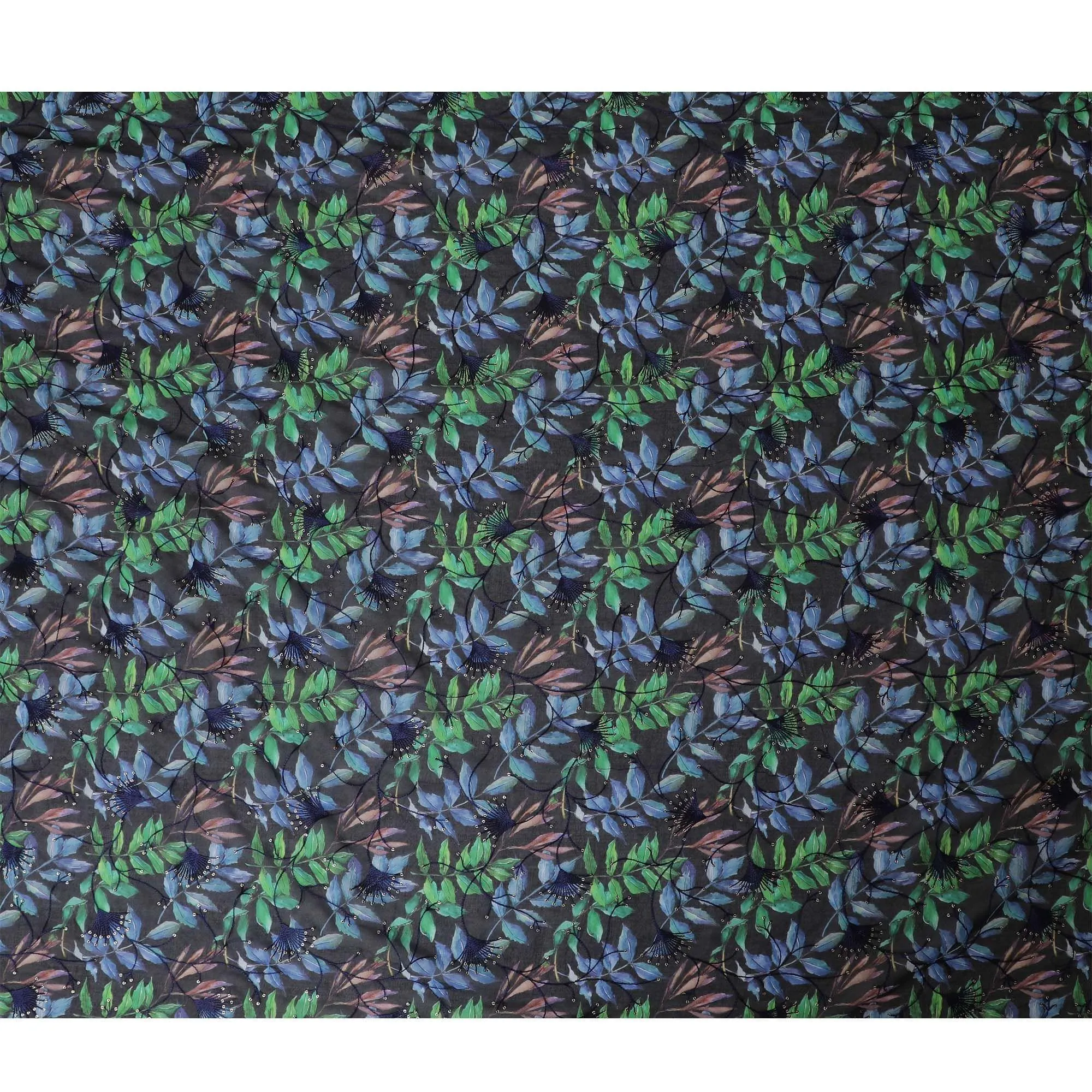 Dark navy blue Premium pure cotton voile fabric with multicolor print having same tone embroidery and sequins in floral design-D13256