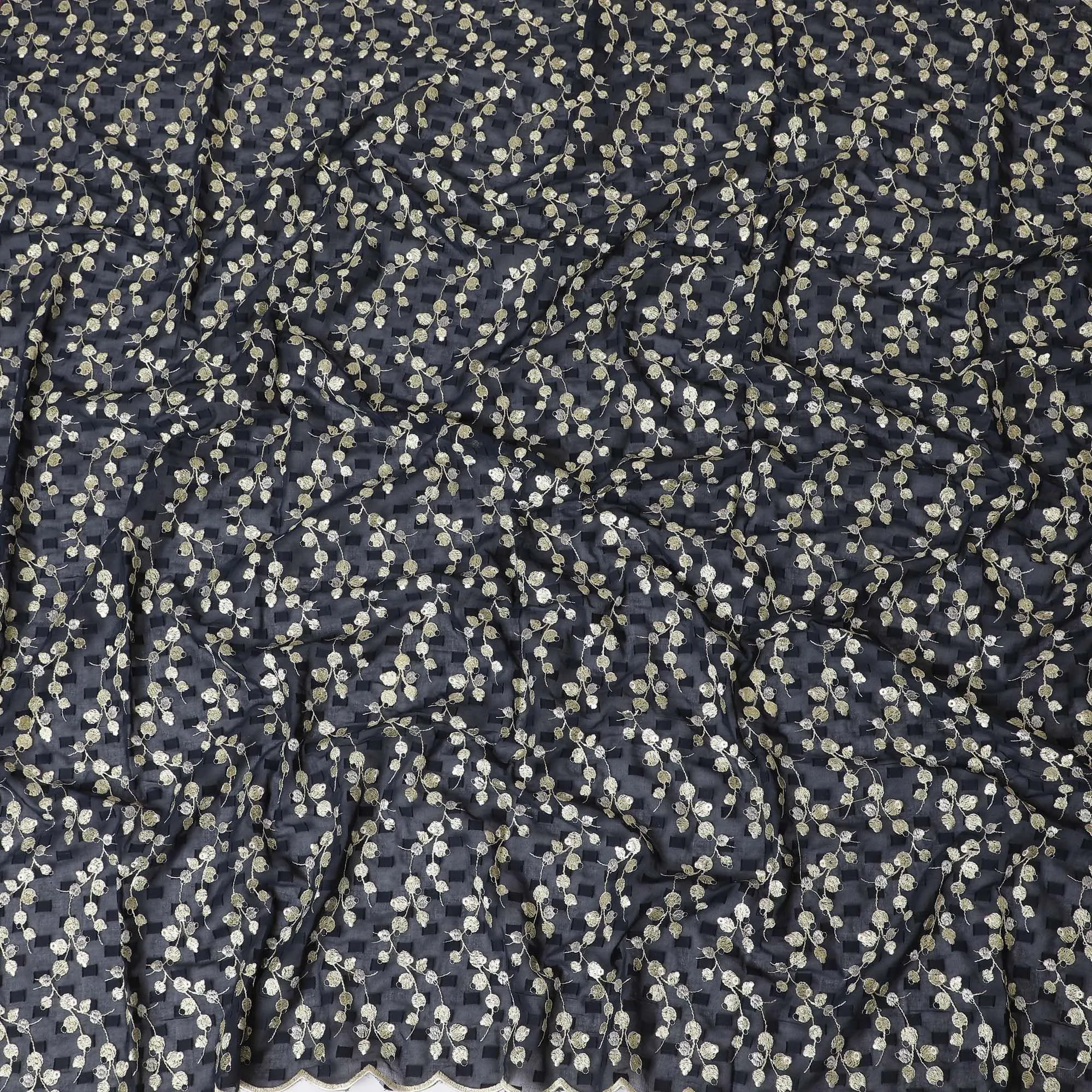 Dark navy blue Premium pure cotton voile (Sudanese Thobe) fabric with same tone clip cord having blonde yellow and gold embroidery in floral design-D13824