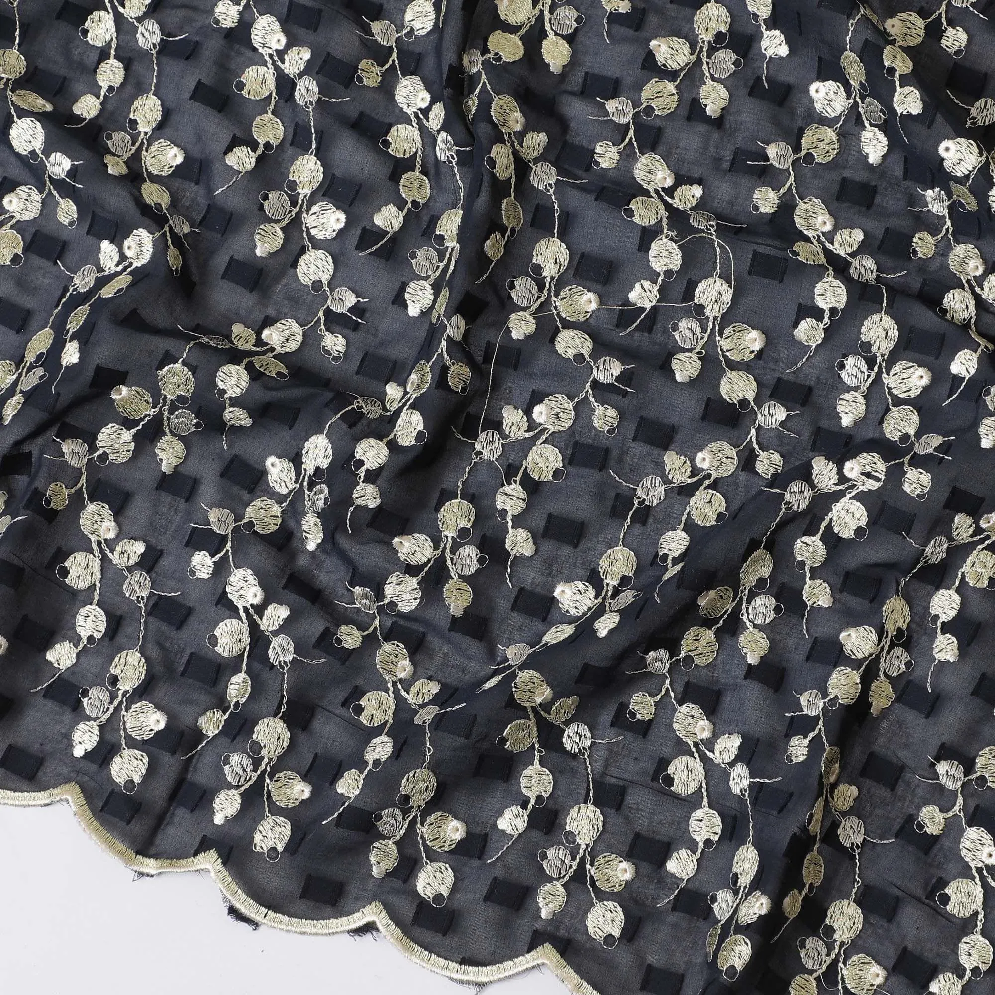 Dark navy blue Premium pure cotton voile (Sudanese Thobe) fabric with same tone clip cord having blonde yellow and gold embroidery in floral design-D13824