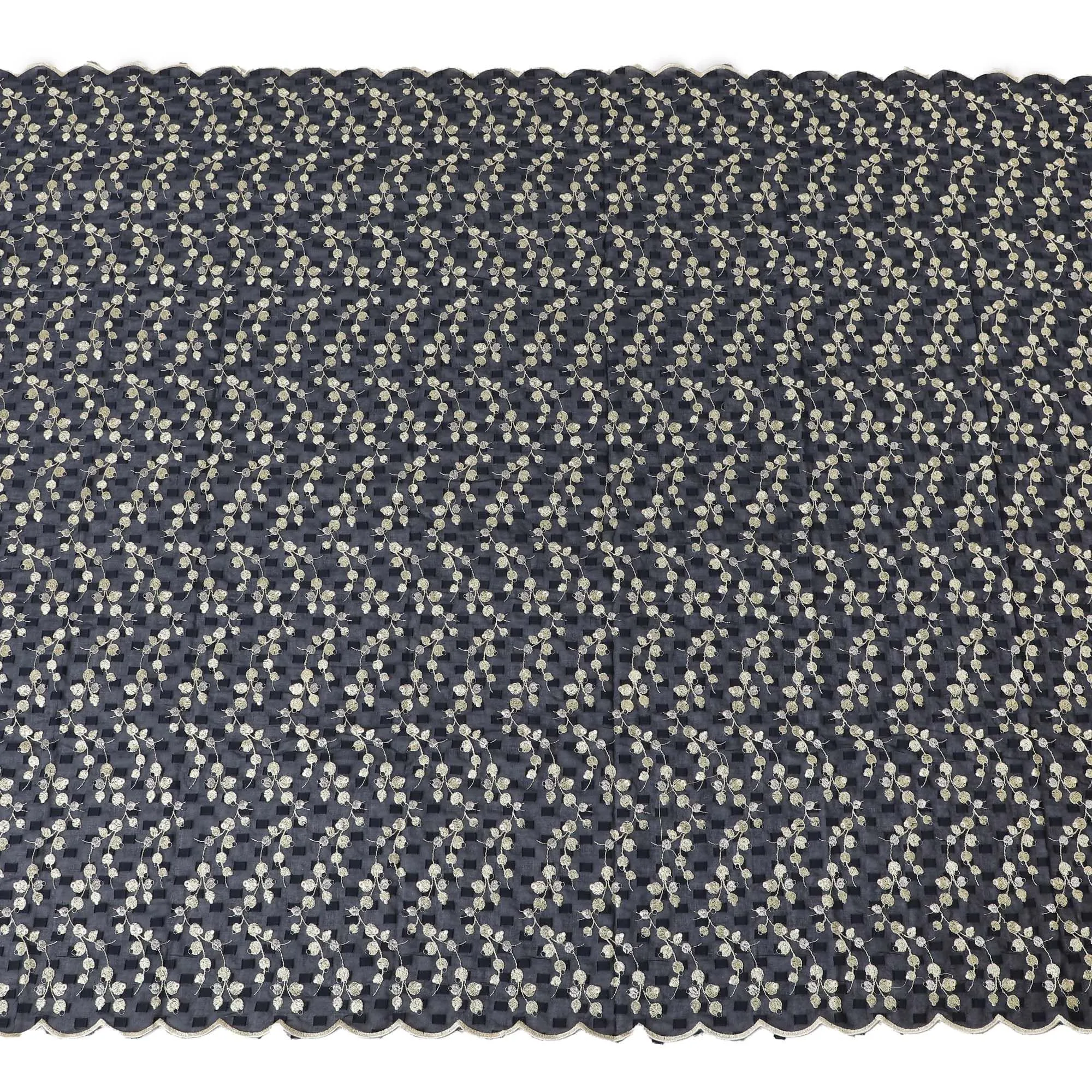 Dark navy blue Premium pure cotton voile (Sudanese Thobe) fabric with same tone clip cord having blonde yellow and gold embroidery in floral design-D13824