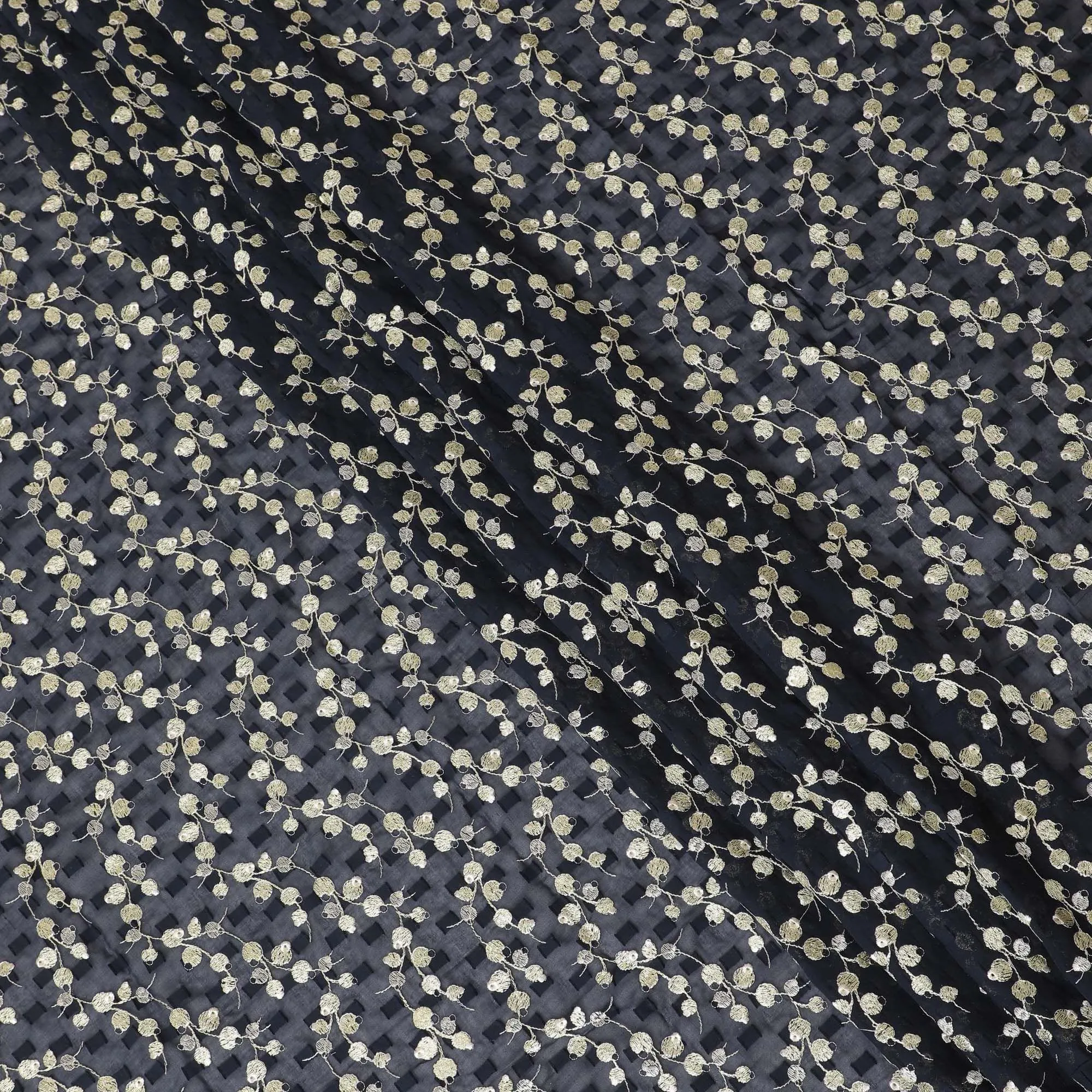 Dark navy blue Premium pure cotton voile (Sudanese Thobe) fabric with same tone clip cord having blonde yellow and gold embroidery in floral design-D13824