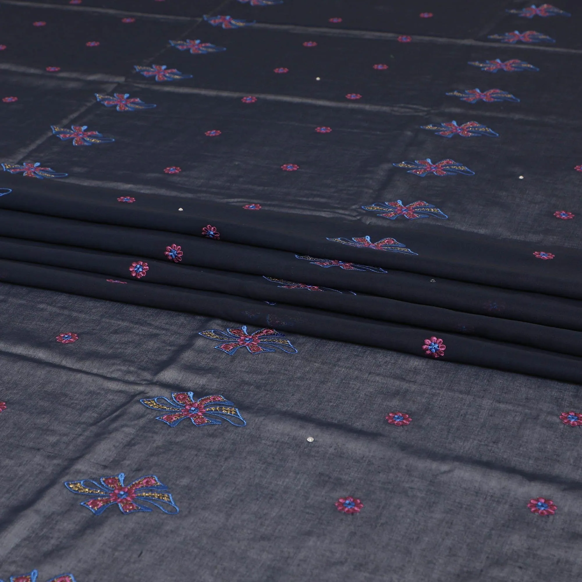 Dark Navy blue Premium Swiss cotton voile (Thobe) fabric with blue, pink and gold embroidery having stone work in floral design-D7997