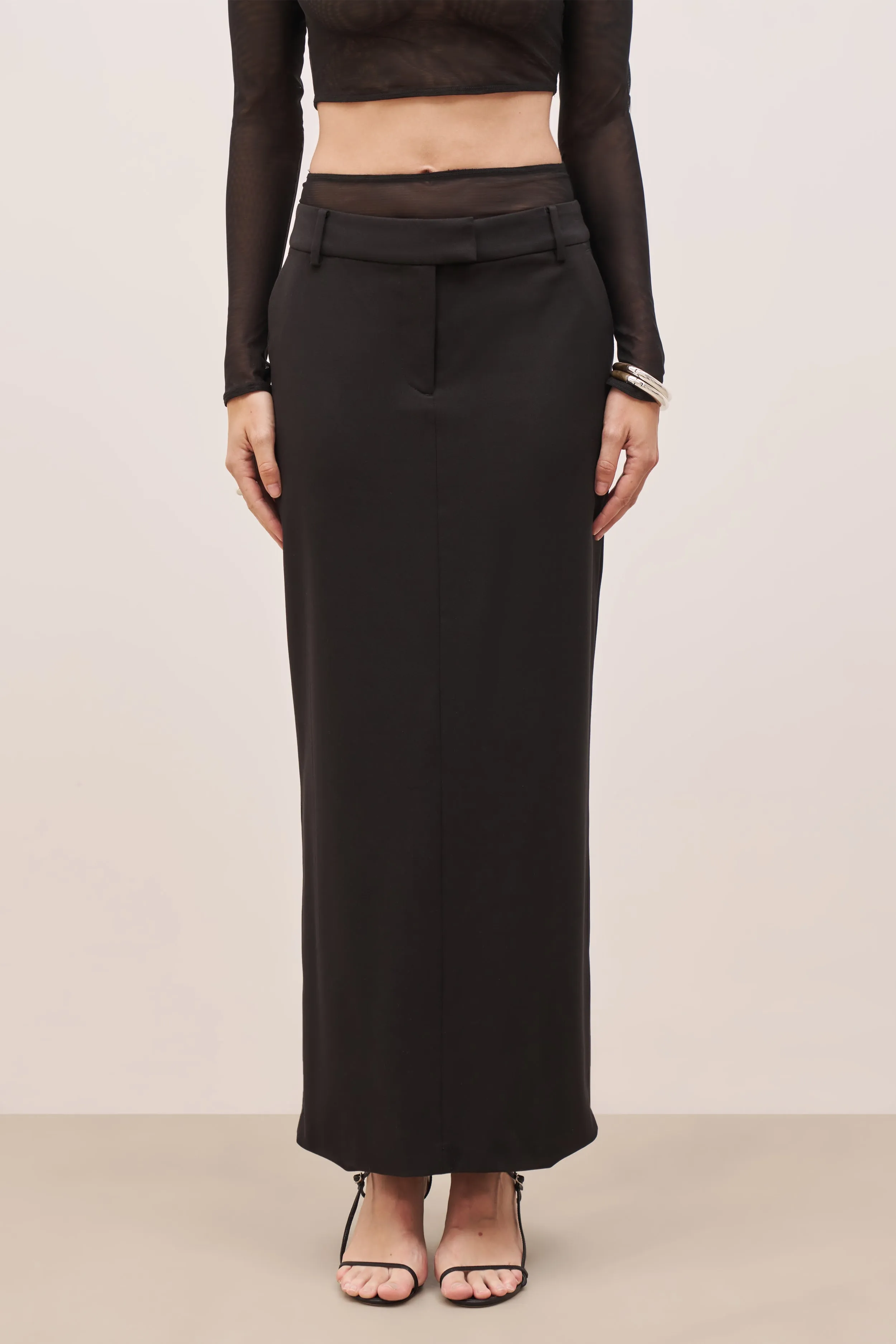 Double Waistband Relaxed Maxi Skirt - Black