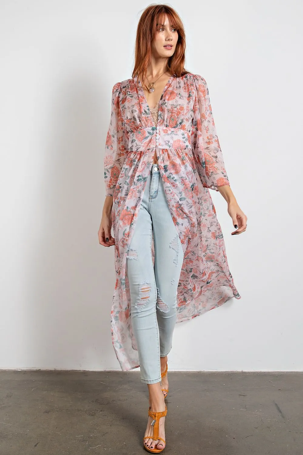 Easel Floral Sheer Maxi Kimono Button Front