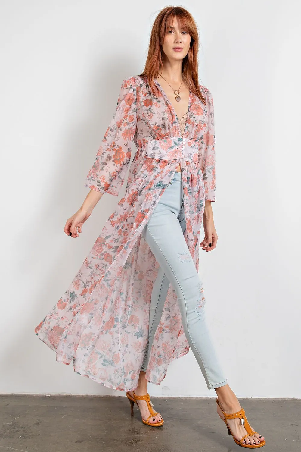 Easel Floral Sheer Maxi Kimono Button Front