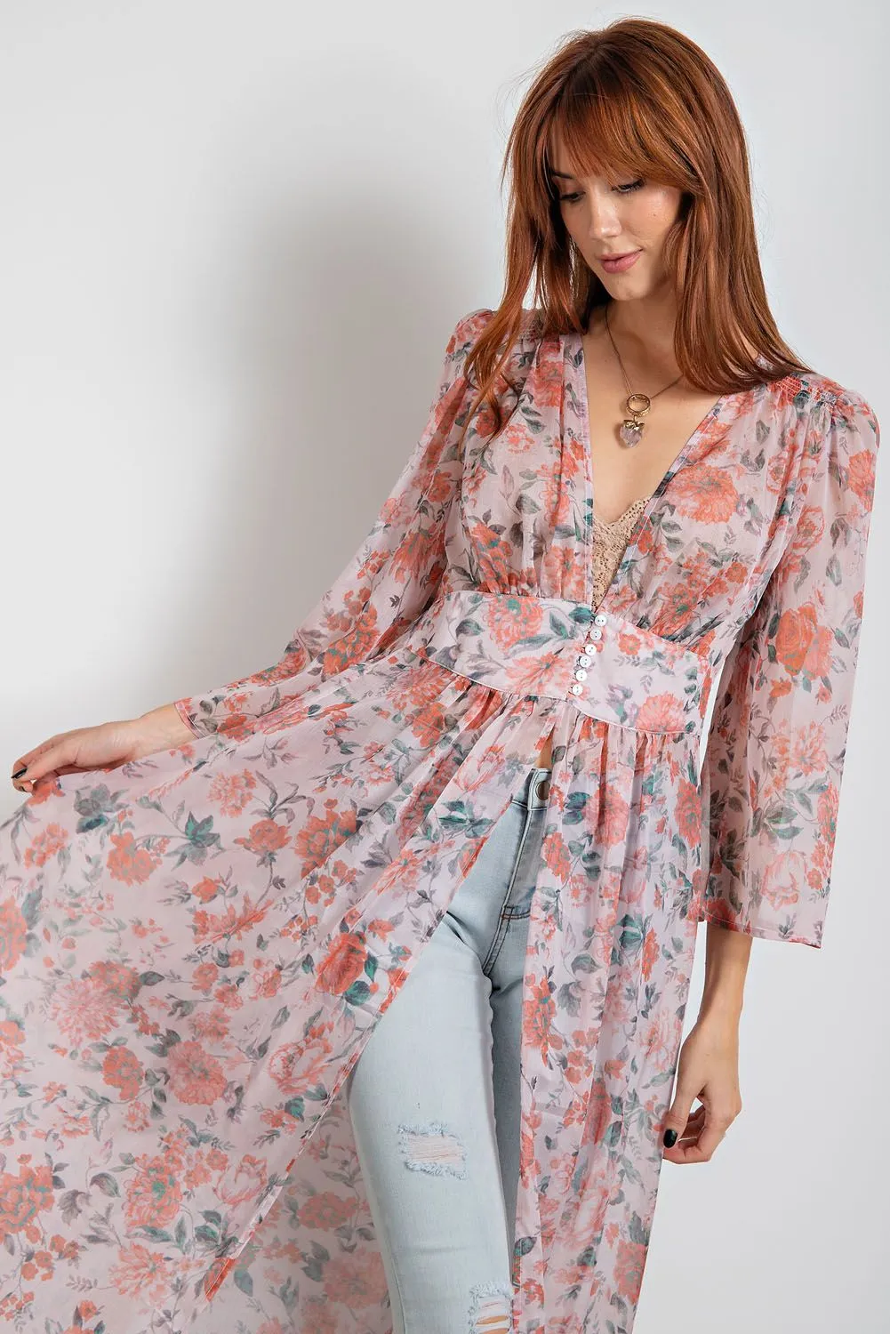 Easel Floral Sheer Maxi Kimono Button Front