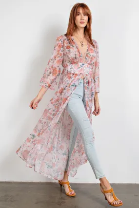 Easel Floral Sheer Maxi Kimono Button Front