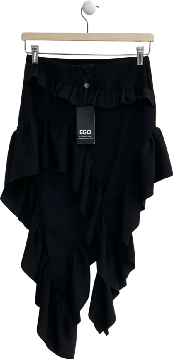 Ego Black Low Rise Frill Asymmetric Maxi Skirt UK 10