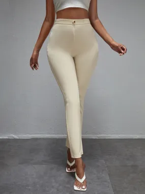 Elegant Plain Button Semi-Sheer High Waist Cropped Women Pants