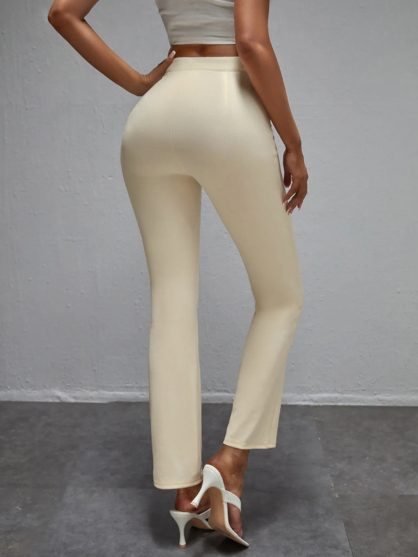 Elegant Plain Button Semi-Sheer High Waist Cropped Women Pants
