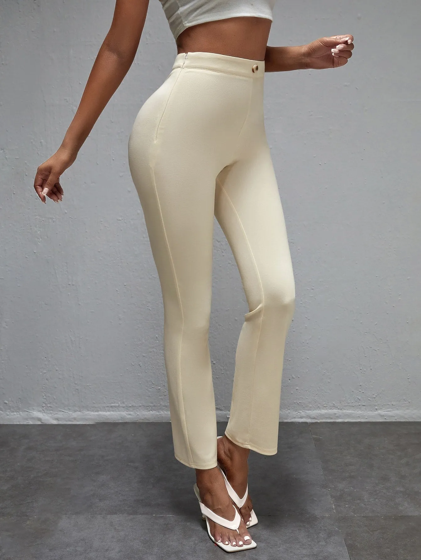 Elegant Plain Button Semi-Sheer High Waist Cropped Women Pants