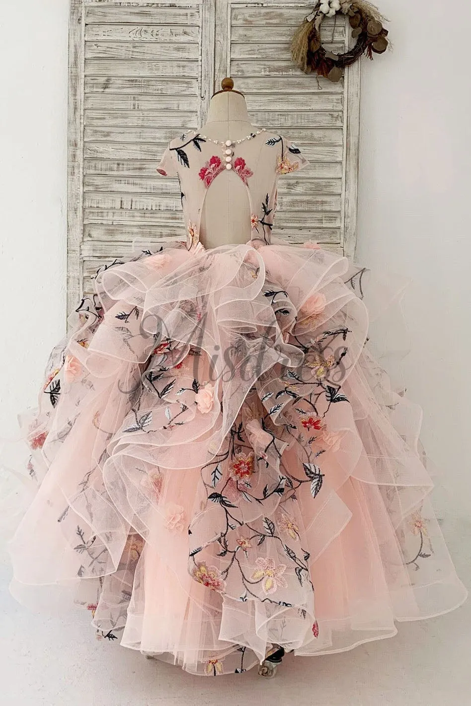 Embroidery Lace Tulle Cap Sleeves Keyhole Back Wedding Flower Girl Dress