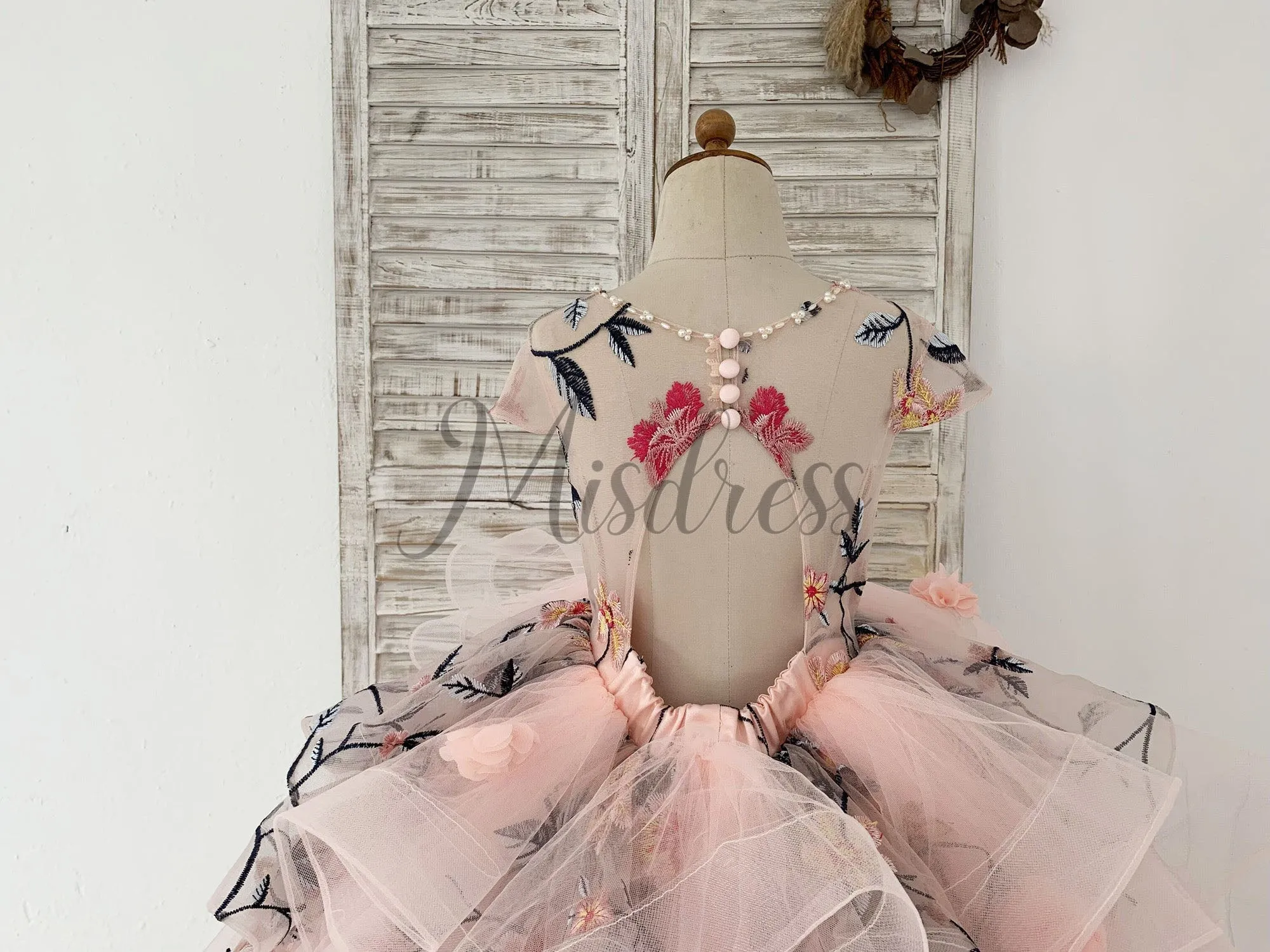 Embroidery Lace Tulle Cap Sleeves Keyhole Back Wedding Flower Girl Dress