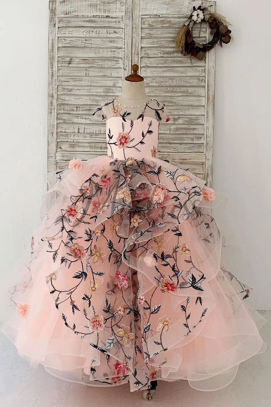 Embroidery Lace Tulle Cap Sleeves Keyhole Back Wedding Flower Girl Dress