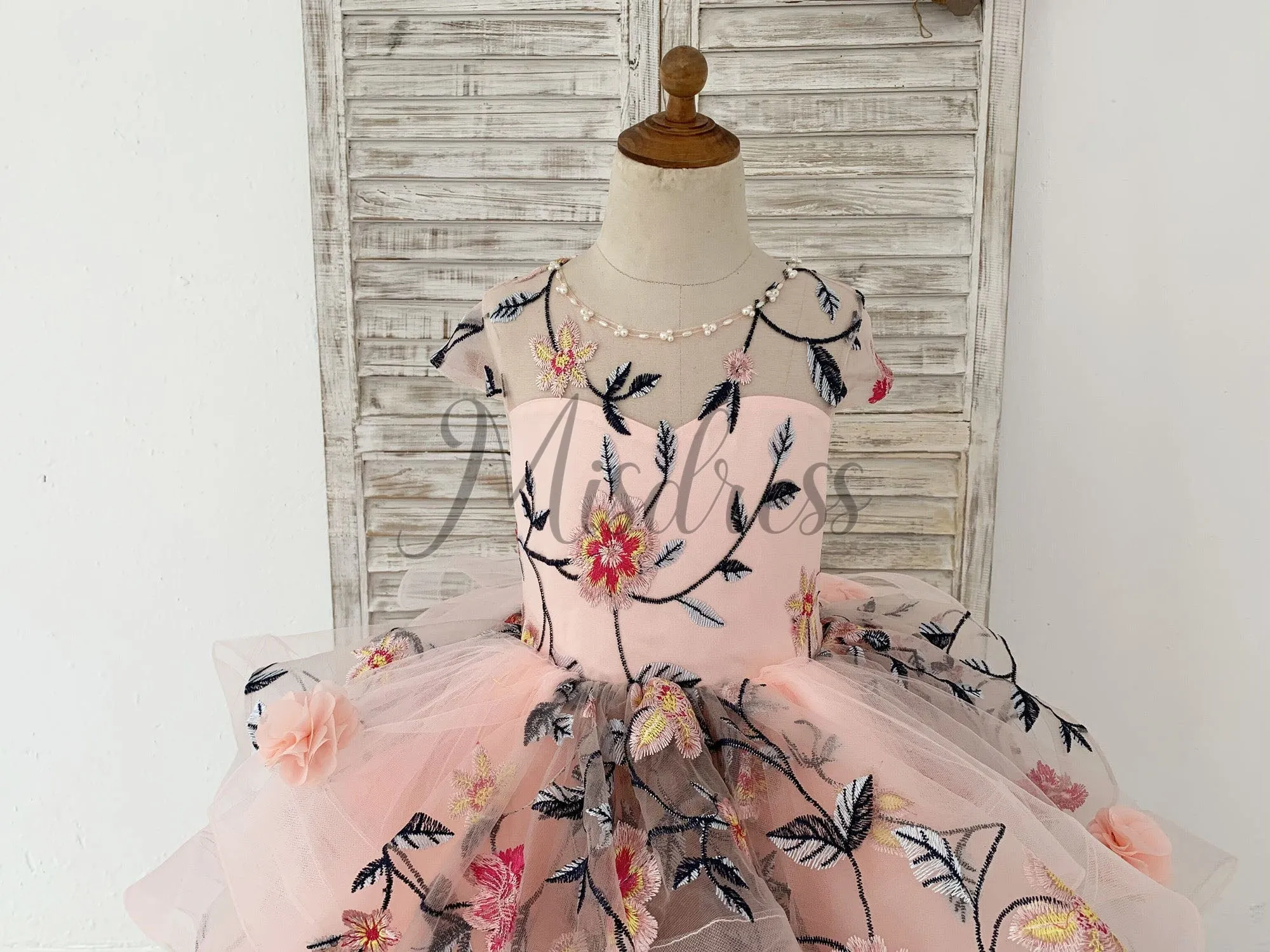 Embroidery Lace Tulle Cap Sleeves Keyhole Back Wedding Flower Girl Dress