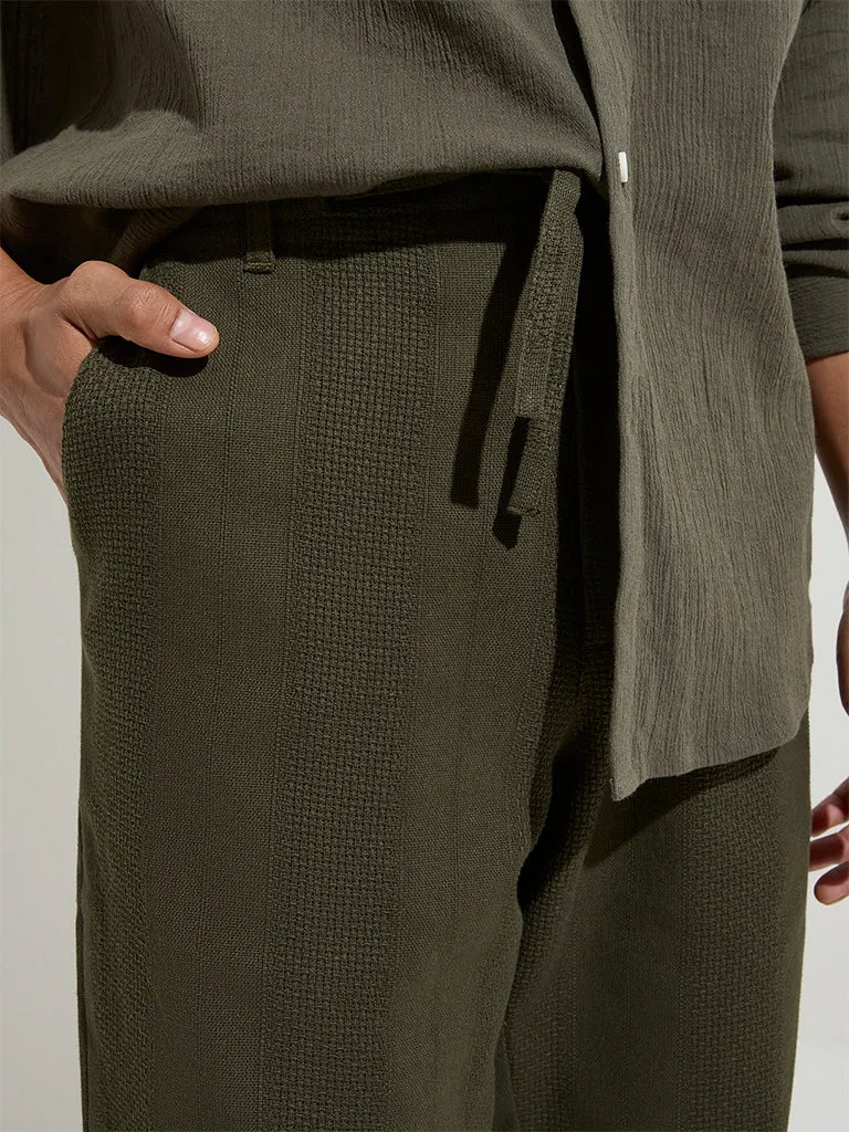 ETA Olive Knit-Textured Relaxed-Fit Mid-Rise Cotton Chinos