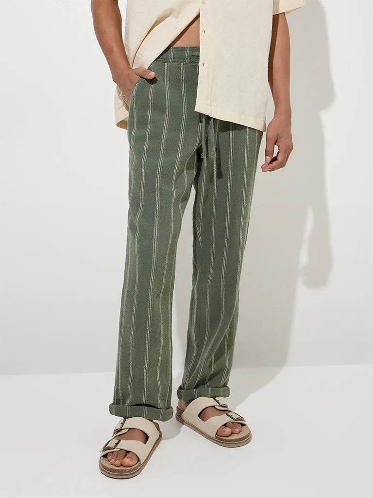 ETA Sage Stripe Pattern Relaxed-Fit Mid-Rise Cotton Chinos