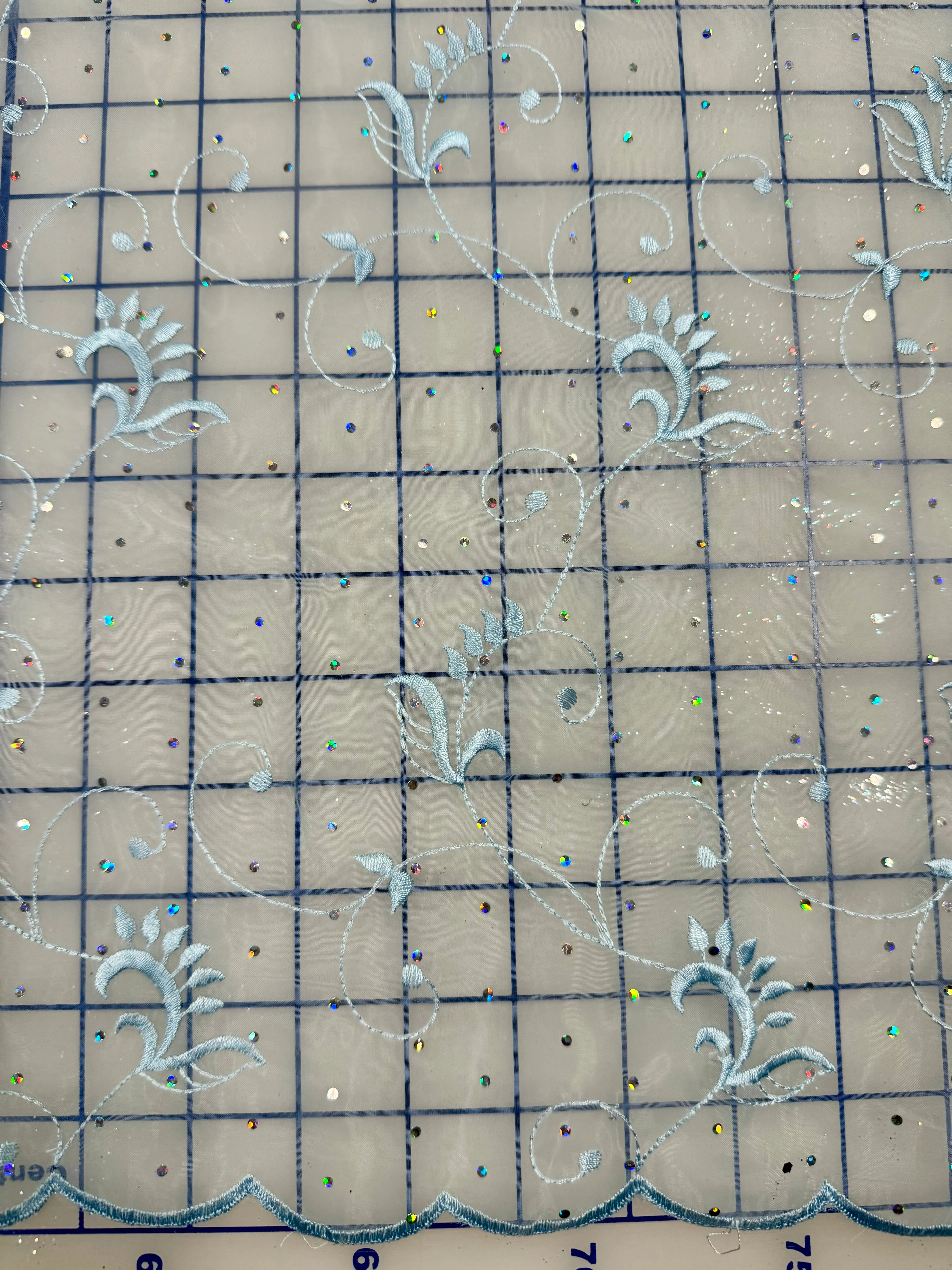 Fancy Organza - 54-inches Wide Light Blue Embroidered with Iridescent Sparkle