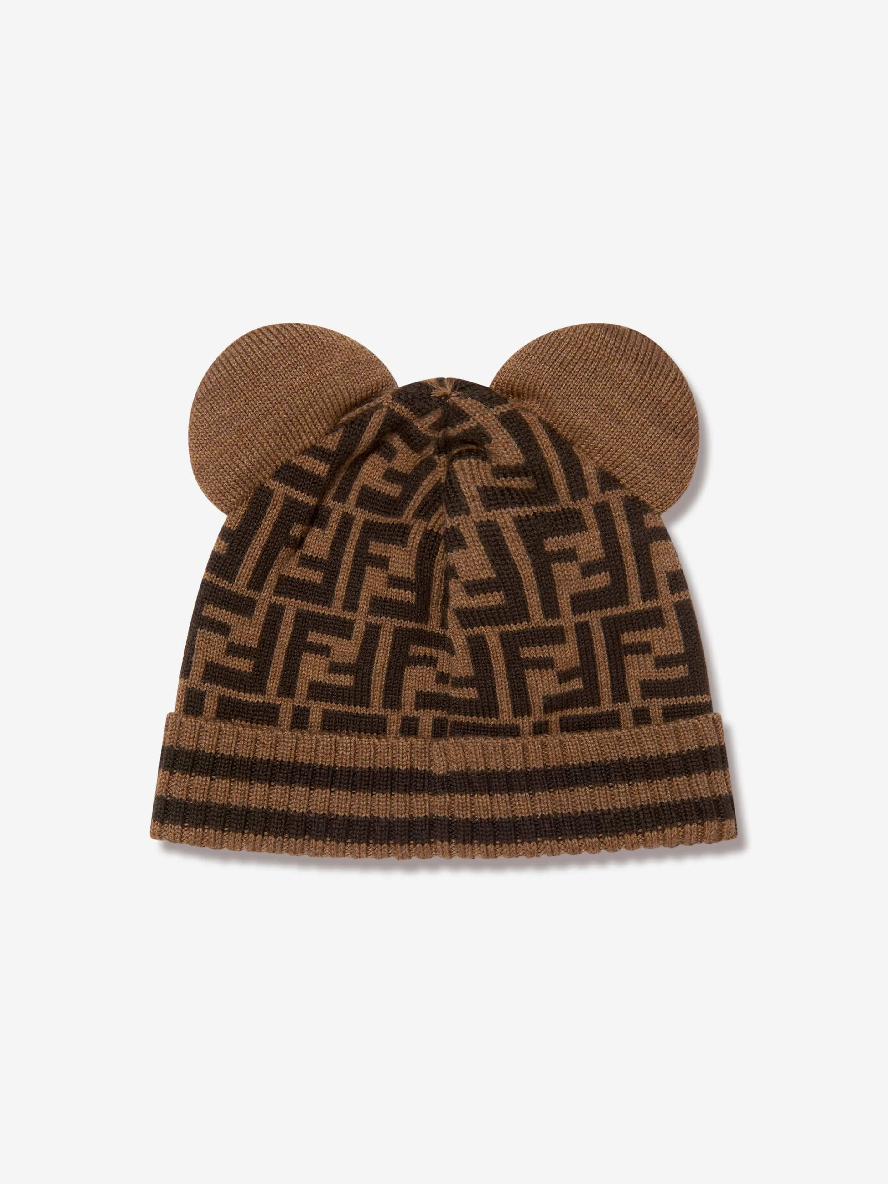 Fendi Kids Wool Beanie Hat With Ears in Brown