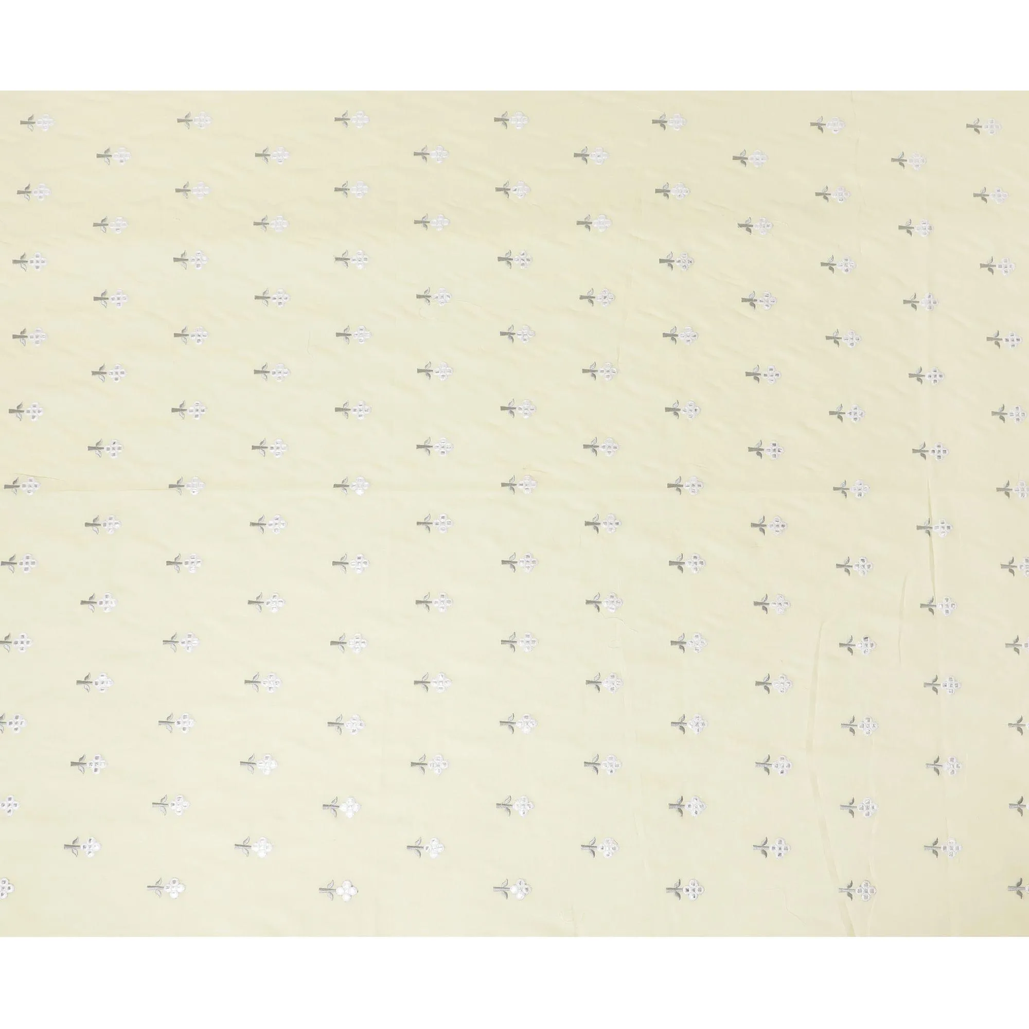 Flax yellow cotton voile fabric with grey and white embrodiery having mirror work in floral design-D12474