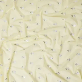Flax yellow cotton voile fabric with grey and white embrodiery having mirror work in floral design-D12474