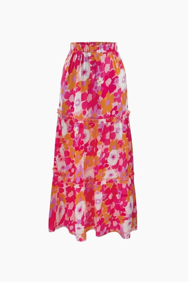Floral Print Knot Tube Top And Frill Maxi Skirt Set