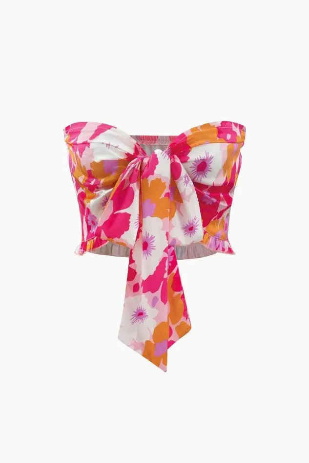 Floral Print Knot Tube Top And Frill Maxi Skirt Set