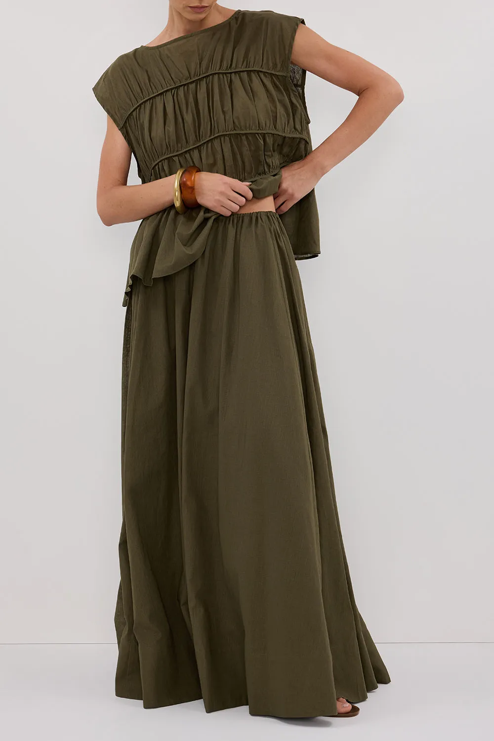 FLYNN OLIVE LINEN BLEND TIE MAXI SKIRT - PRE ORDER