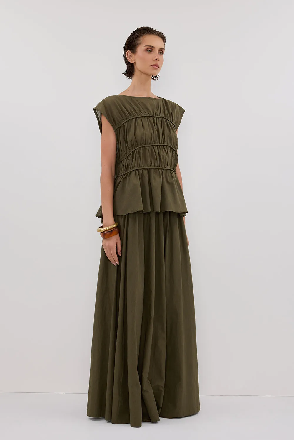 FLYNN OLIVE LINEN BLEND TIE MAXI SKIRT - PRE ORDER