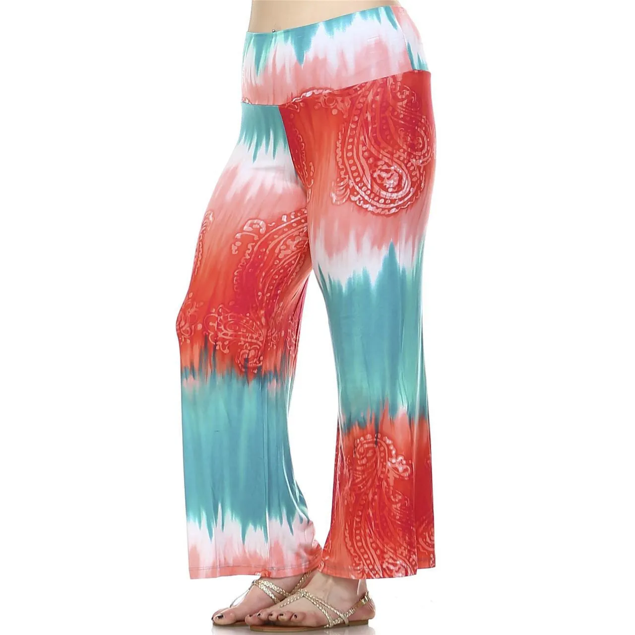 Foldover Palazzo Pants Abstract Paisley Teal Pink