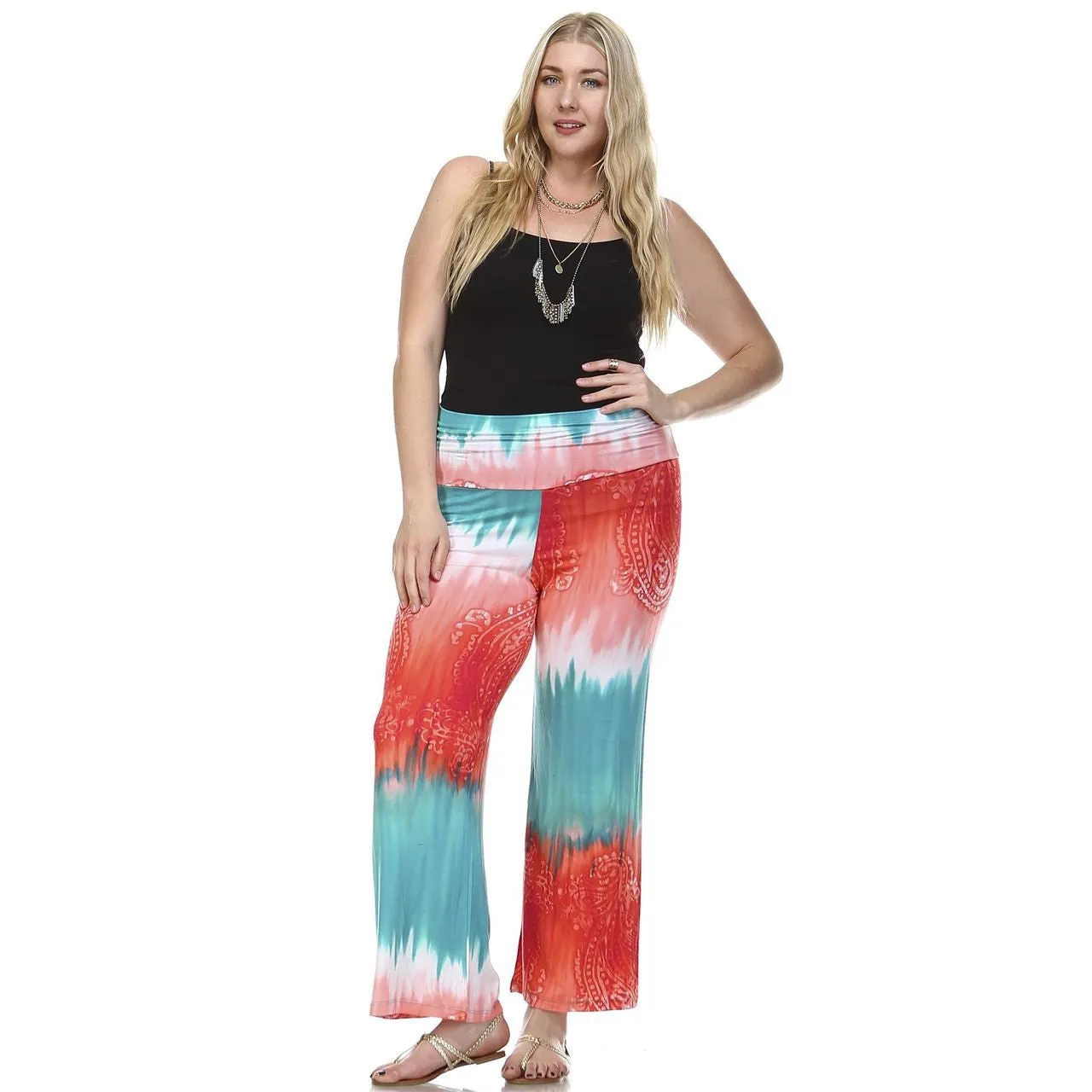 Foldover Palazzo Pants Abstract Paisley Teal Pink
