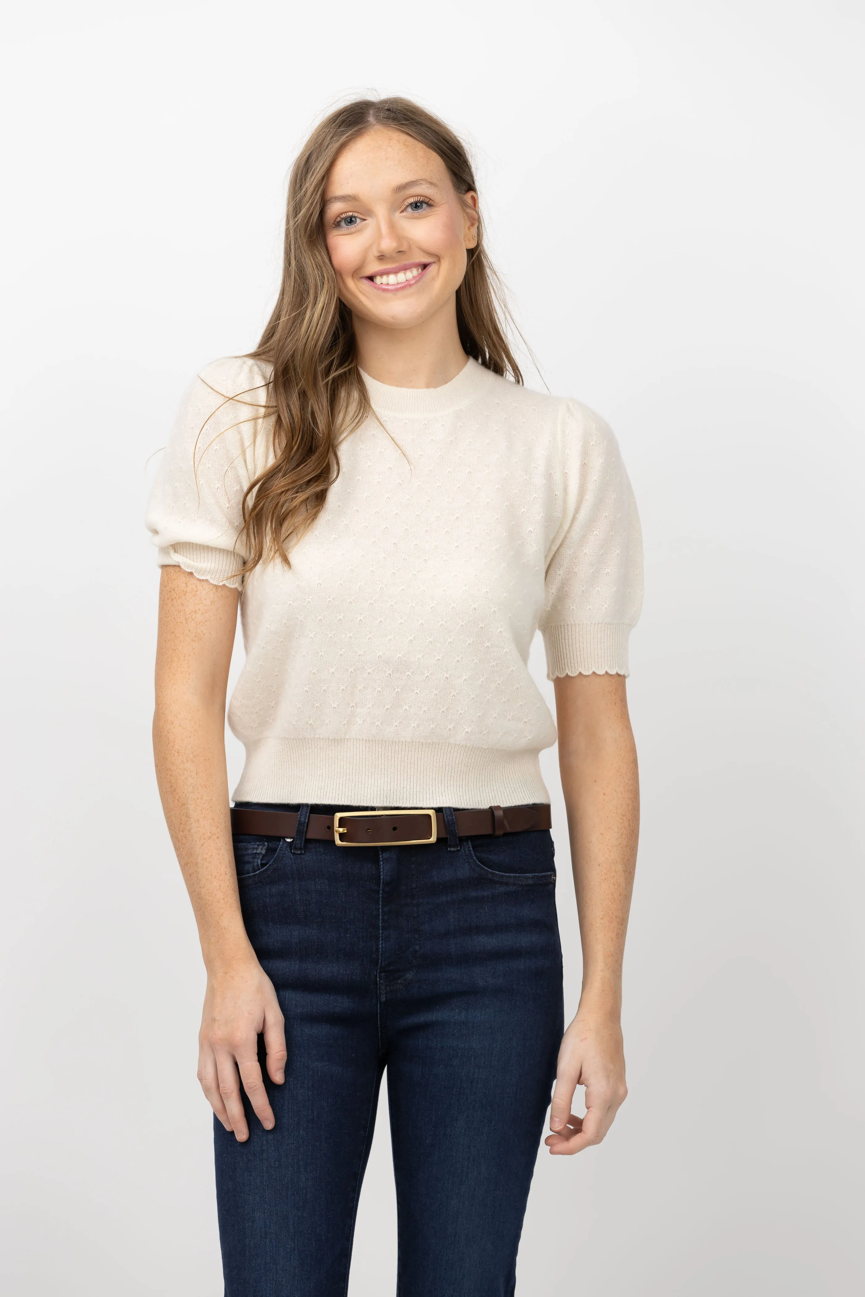 Frame Pointelle Puff Sleeve Sweater in Cream