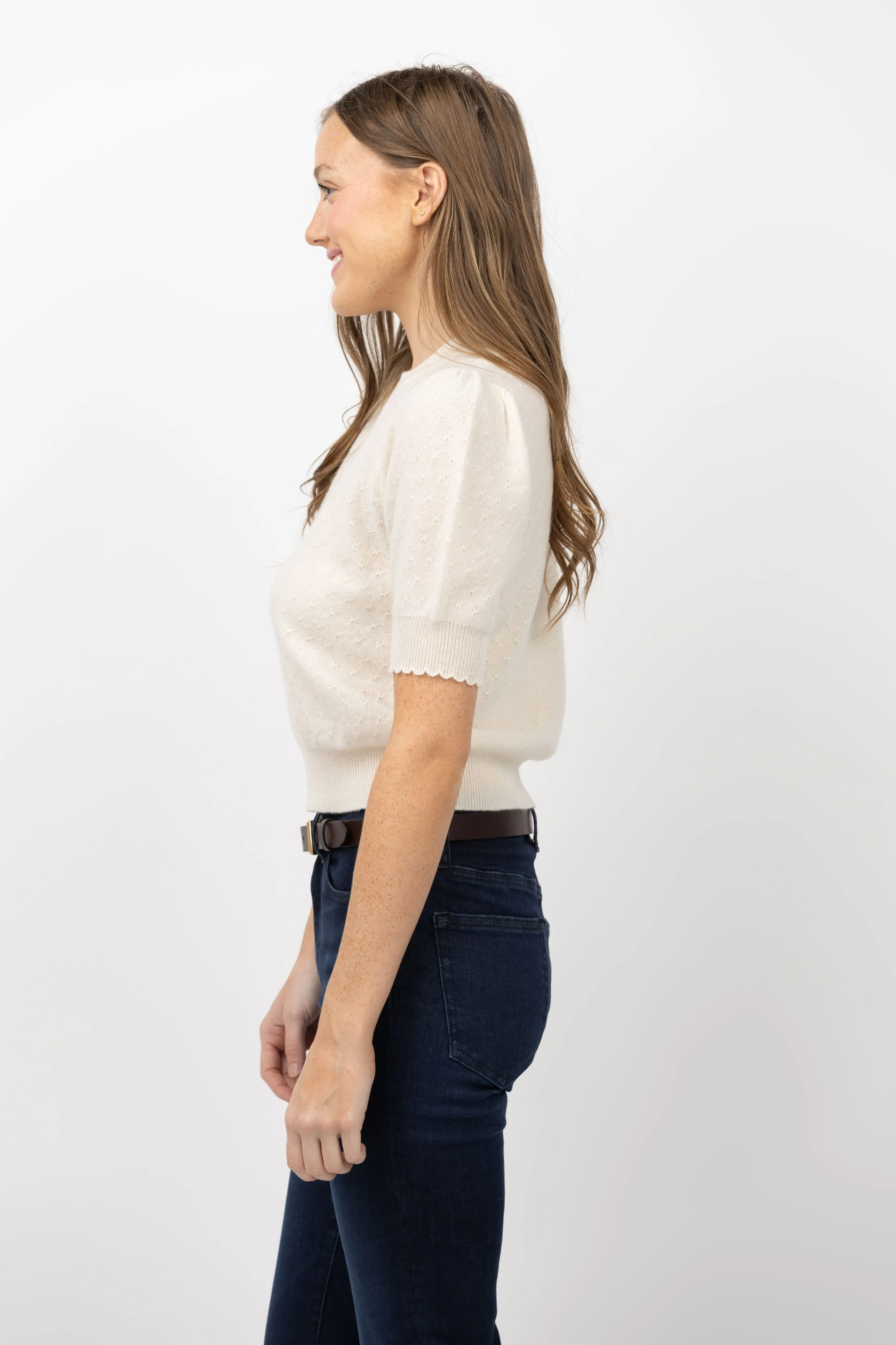 Frame Pointelle Puff Sleeve Sweater in Cream
