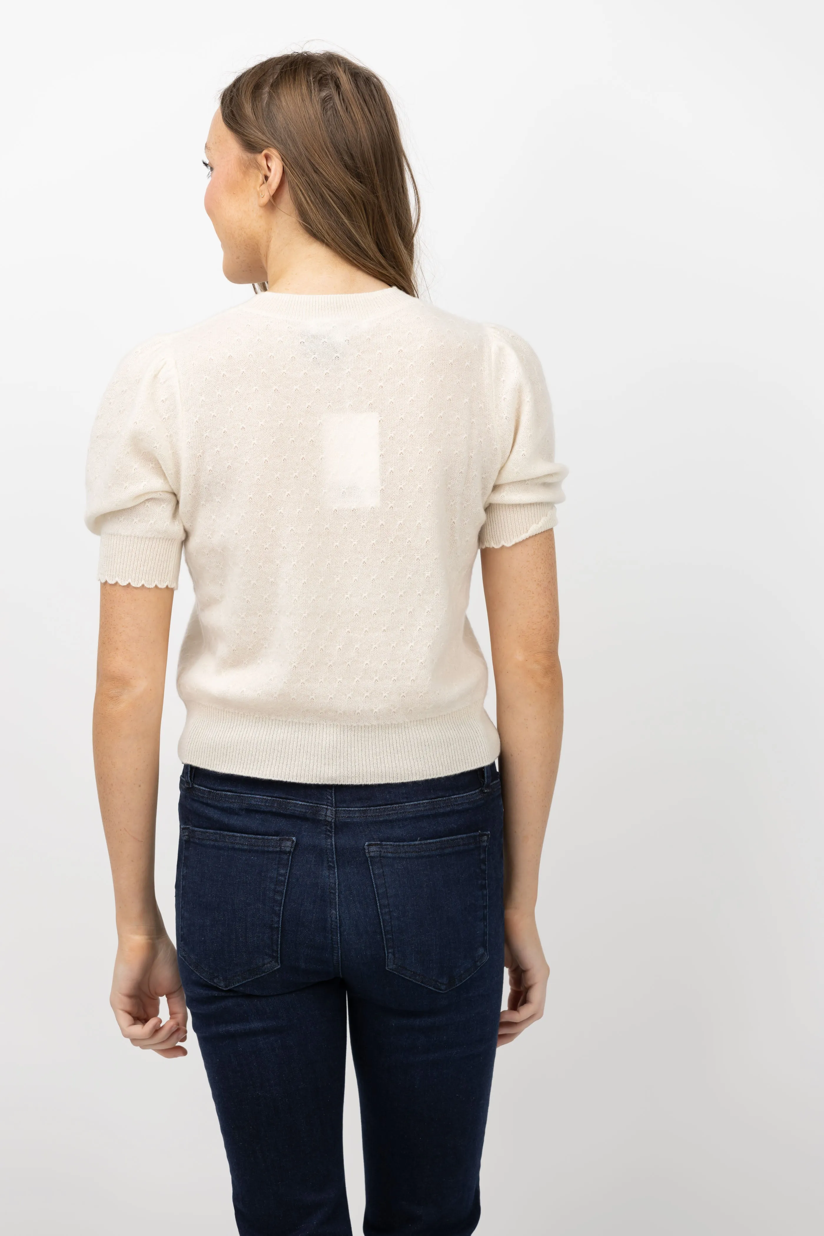 Frame Pointelle Puff Sleeve Sweater in Cream