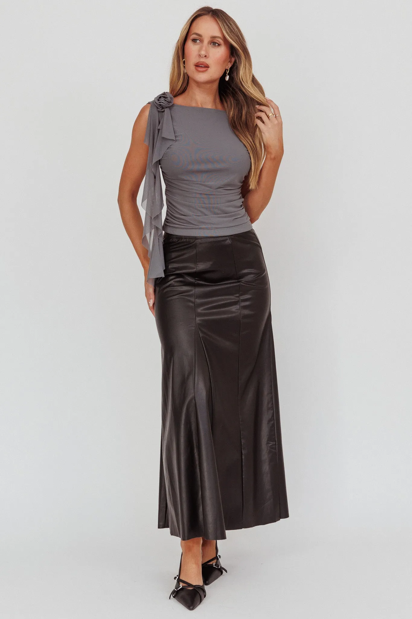 Galaxia A-Line Faux Leather Maxi Skirt Black