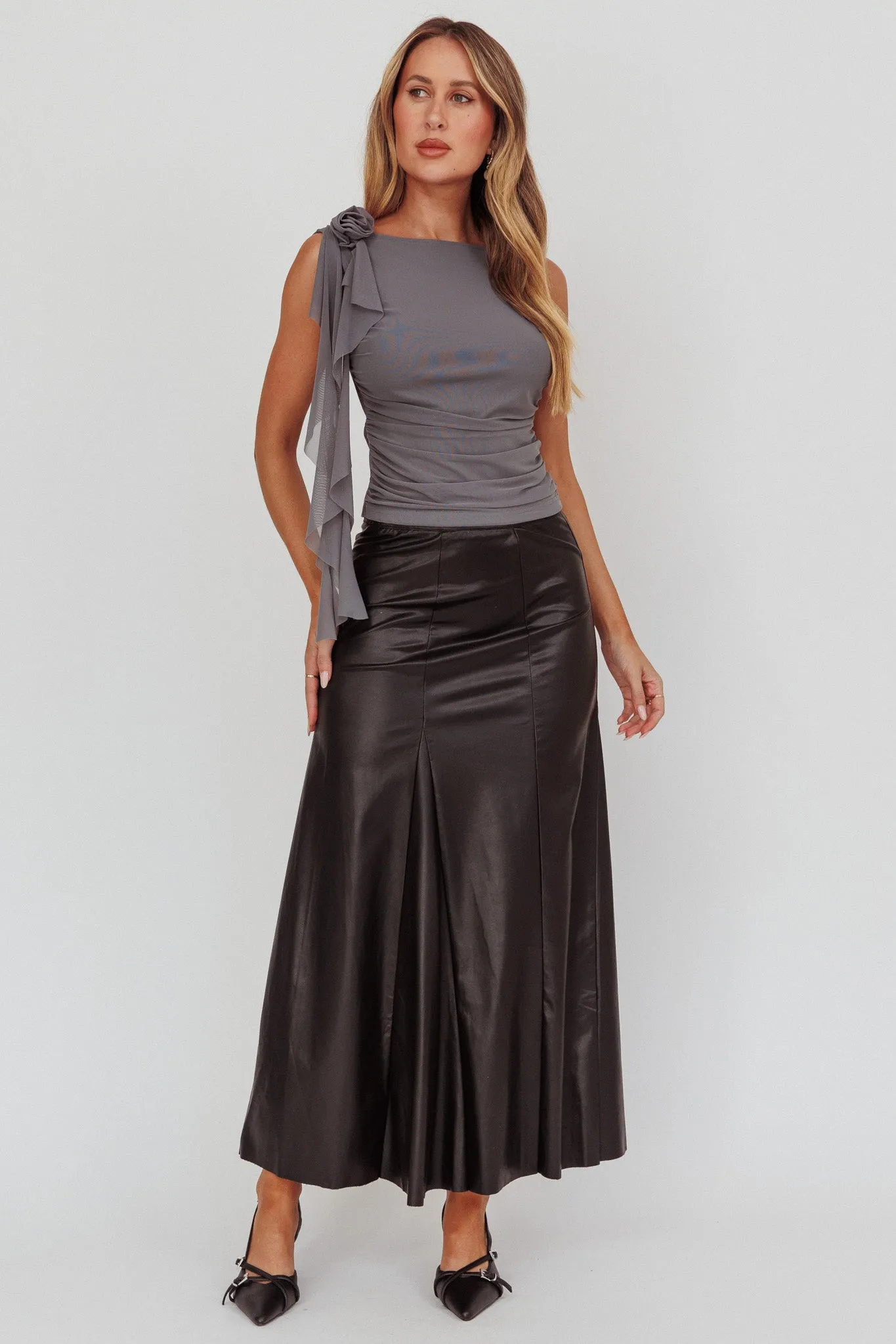 Galaxia A-Line Faux Leather Maxi Skirt Black