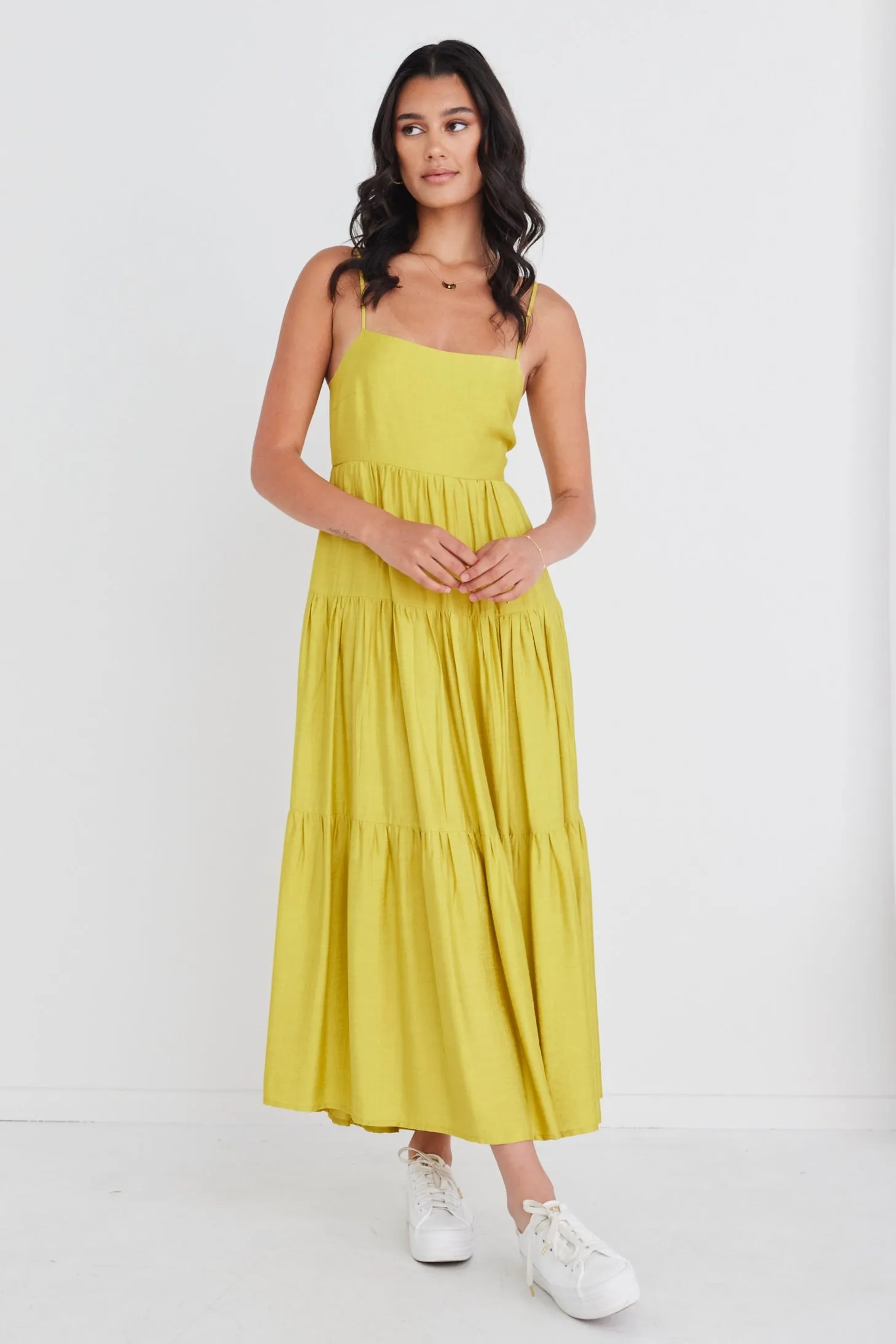 Galaxy Citron Tie Back Tiered Strappy Maxi Dress