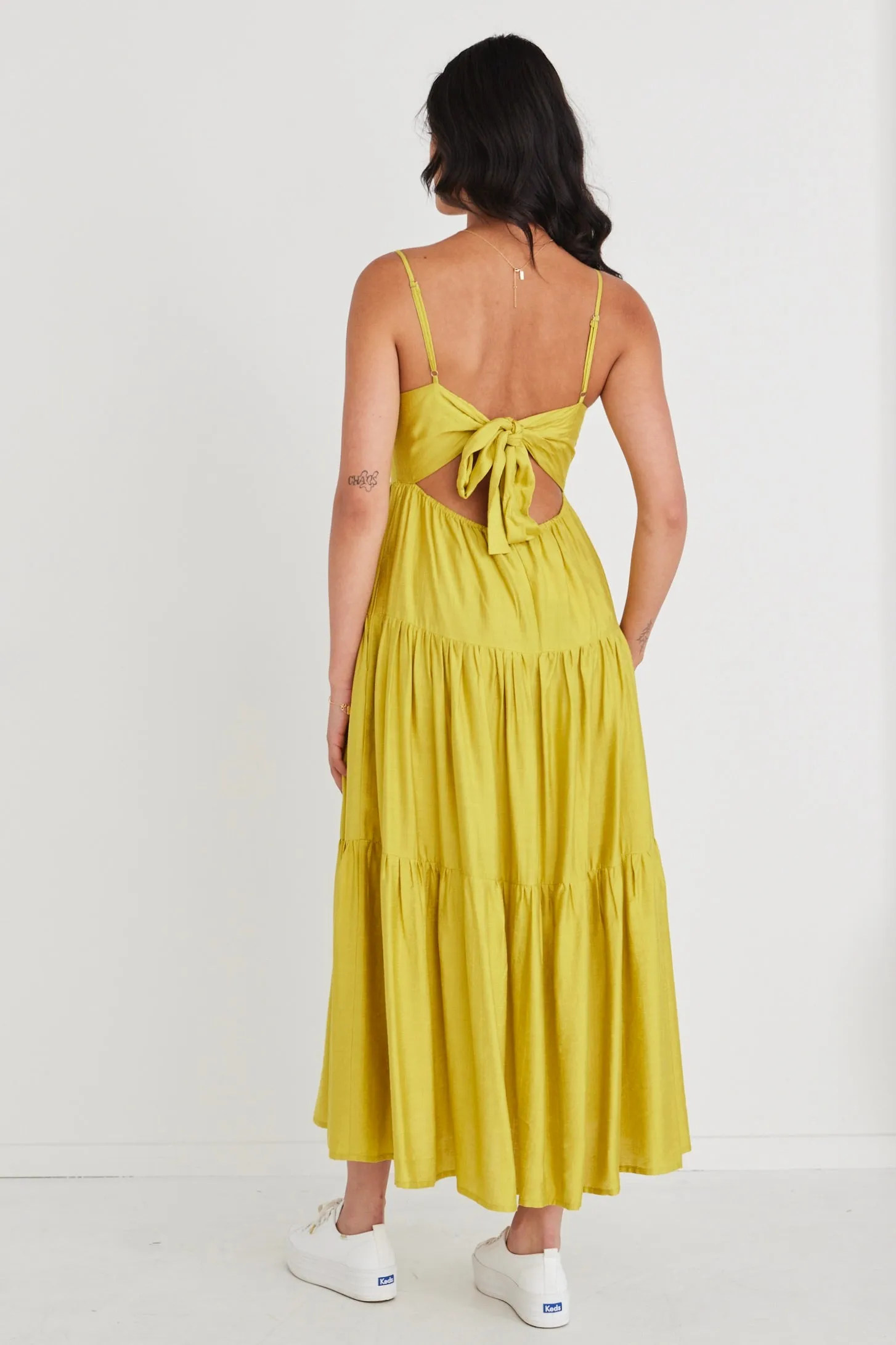 Galaxy Citron Tie Back Tiered Strappy Maxi Dress