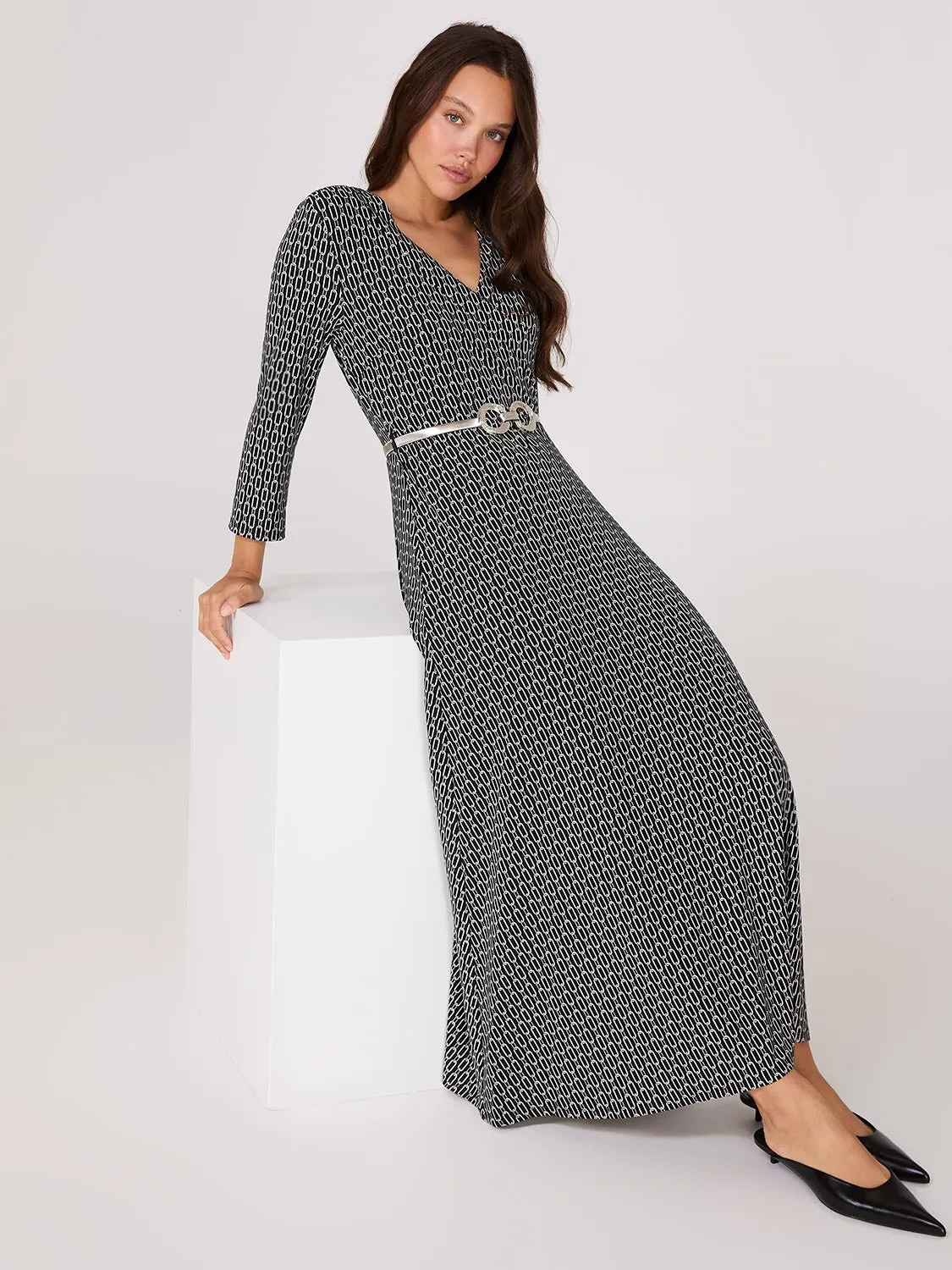 Geo Print Crossover A-Line Maxi Dress