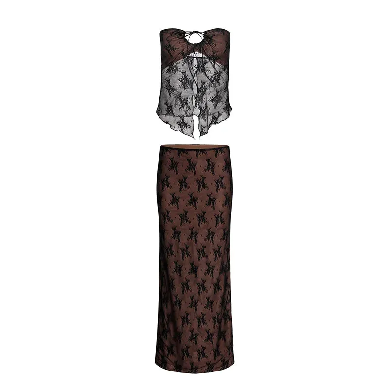 Girlary Sheer Lace Hollow Out Maxi Skirt Suit Women Matching Set Drawstring Strapless Crop Top Hottie Summer Holiday Beach Outfit