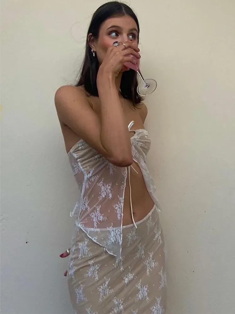 Girlary Sheer Lace Hollow Out Maxi Skirt Suit Women Matching Set Drawstring Strapless Crop Top Hottie Summer Holiday Beach Outfit