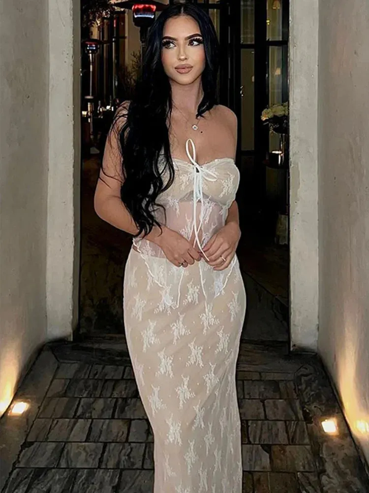 Girlary Sheer Lace Hollow Out Maxi Skirt Suit Women Matching Set Drawstring Strapless Crop Top Hottie Summer Holiday Beach Outfit