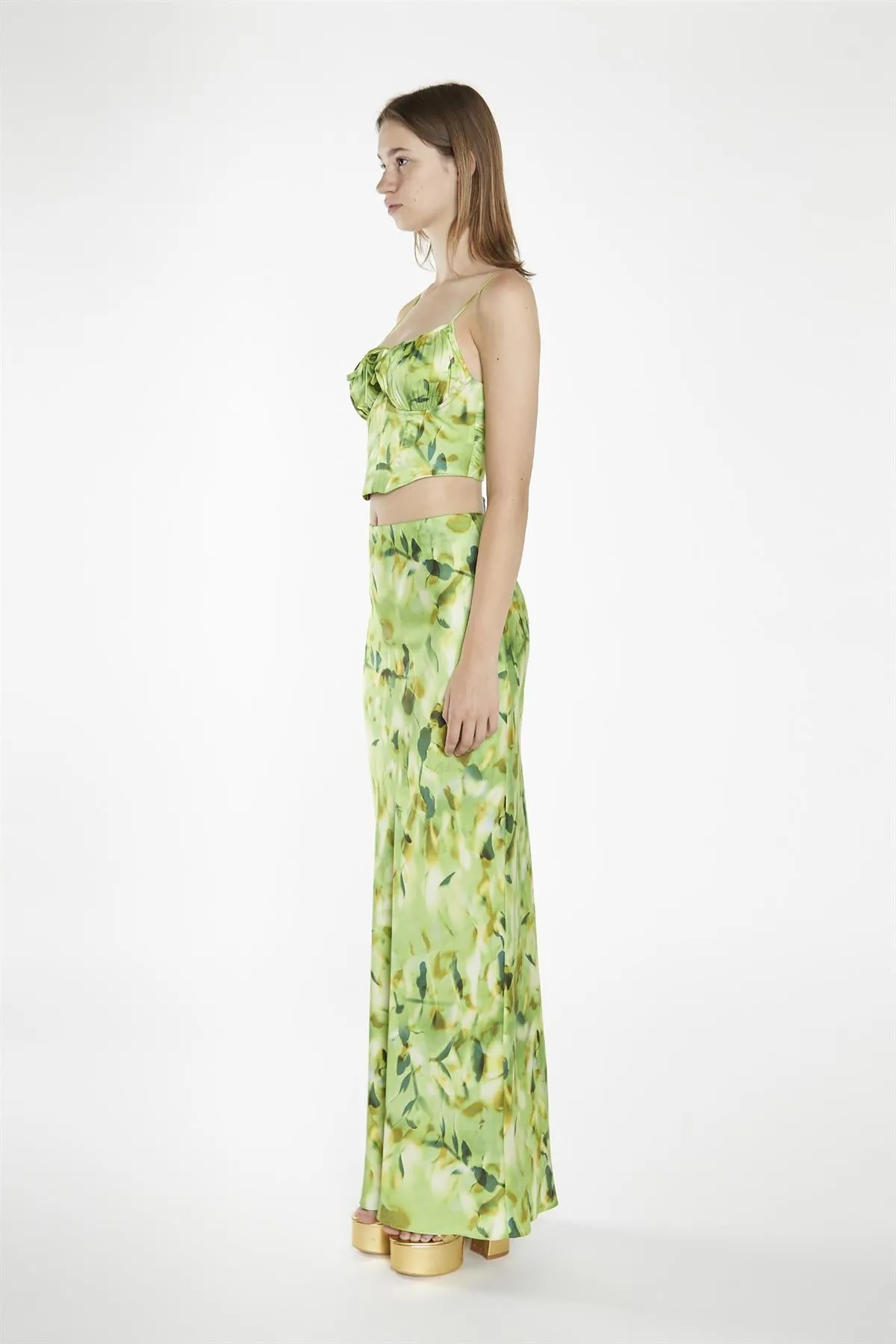Green Multi-Blur Bias-Cut Maxi-Skirt